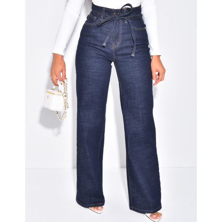 High-waisted straight-leg stretch jeans with drawstring waistband