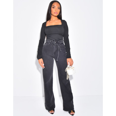 High-waisted straight-leg stretch jeans with drawstring waistband