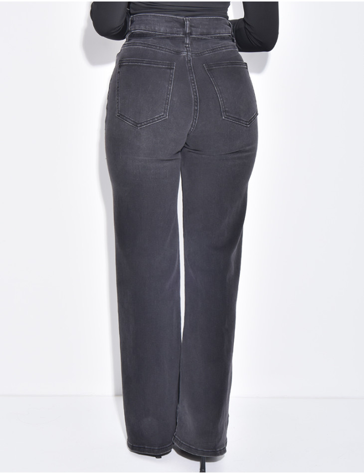 High-waisted straight-leg stretch jeans with drawstring waistband