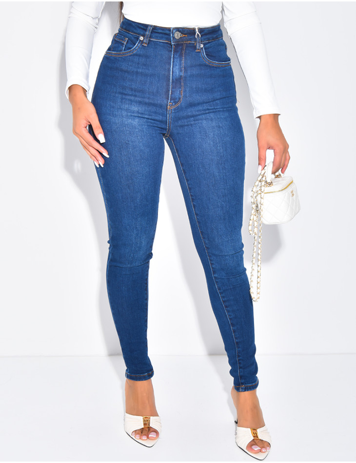 High-waisted stretchy faded skinny jeans
