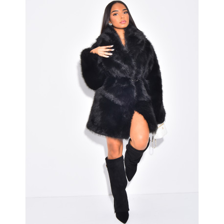 Mid-length belted faux fur jacket