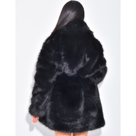 Mid-length belted faux fur jacket