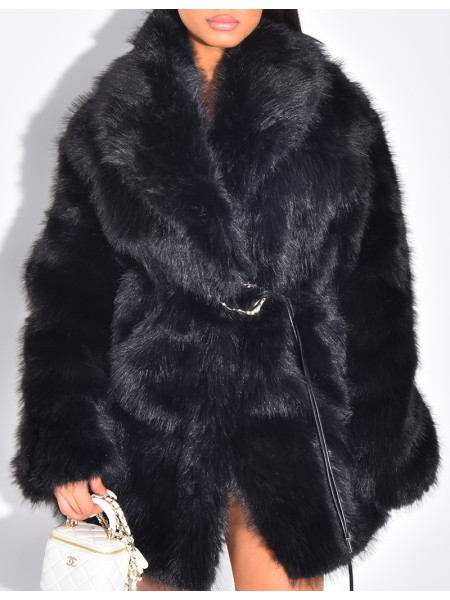 Mid-length belted faux fur jacket