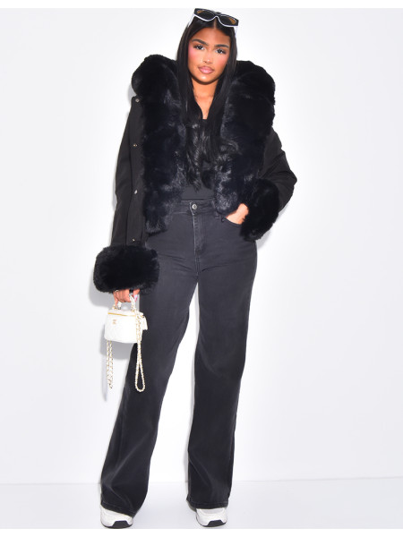 Short puffer jacket with removable fur trim
