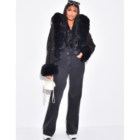 Short puffer jacket with removable fur trim