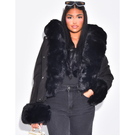 Short puffer jacket with removable fur trim