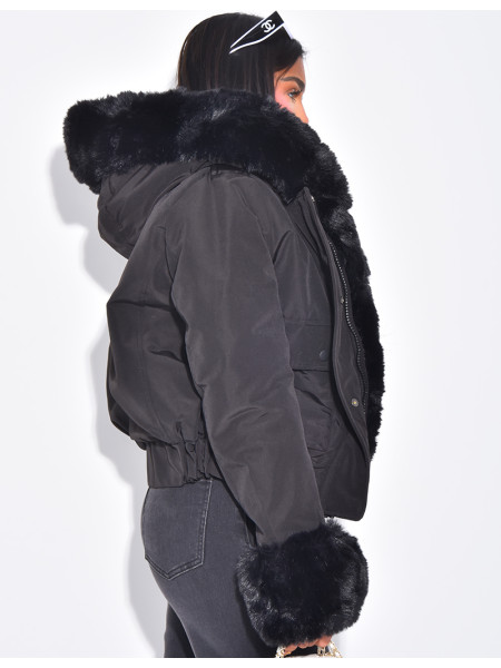 Short puffer jacket with removable fur trim