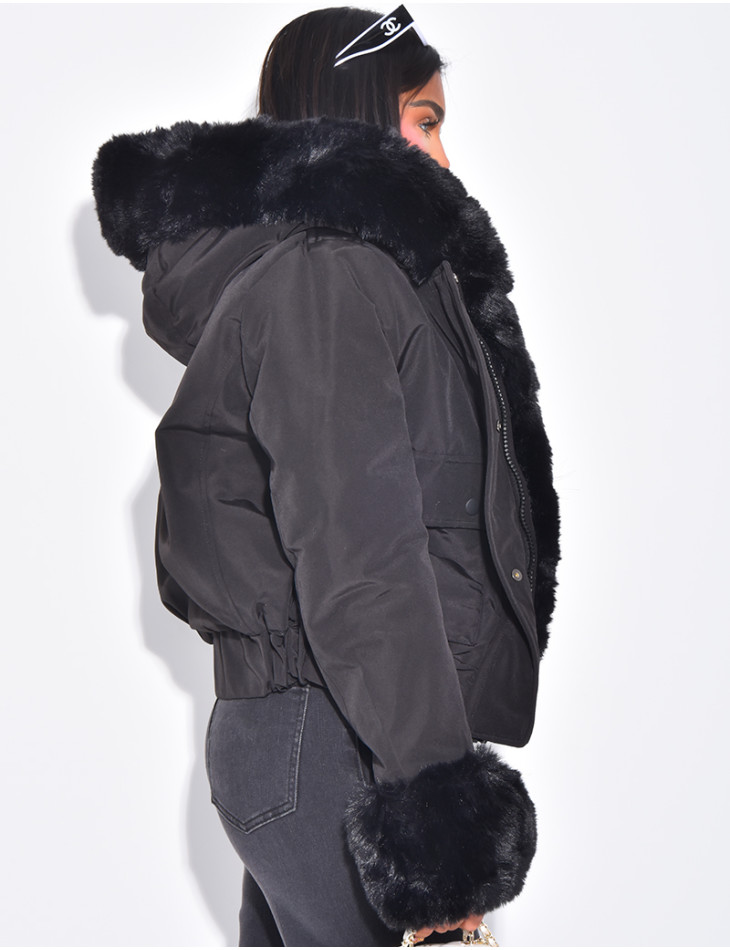 Short puffer jacket with removable fur trim
