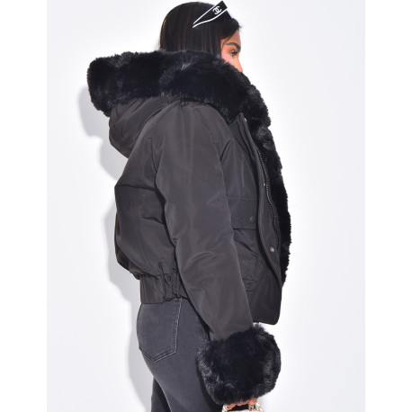 Short puffer jacket with removable fur trim