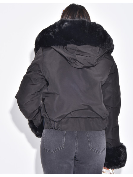Short puffer jacket with removable fur trim