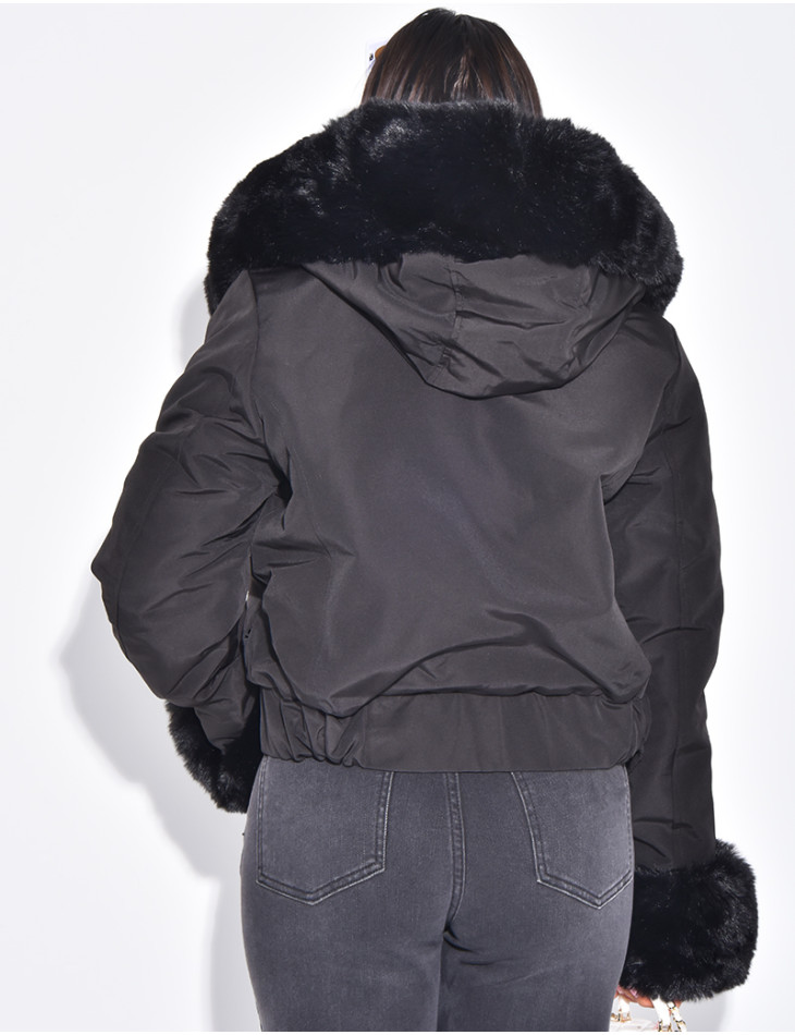 Short puffer jacket with removable fur trim