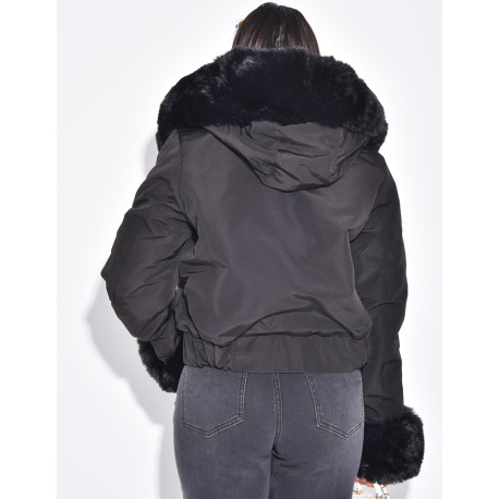 Short puffer jacket with removable fur trim