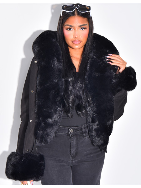 Short puffer jacket with removable fur trim