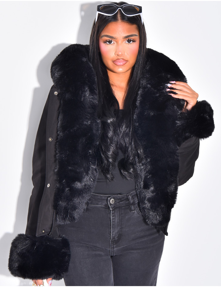 Short puffer jacket with removable fur trim
