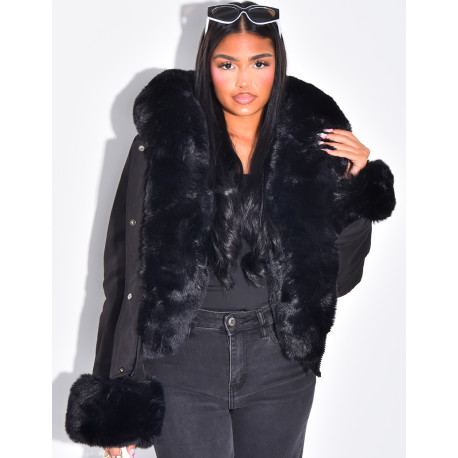 Short puffer jacket with removable fur trim