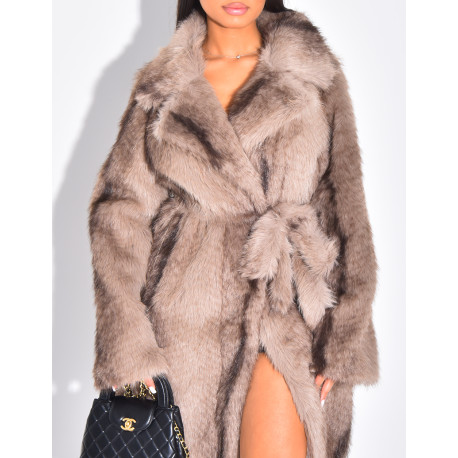Long faux fur coat with belt