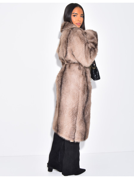 Long faux fur coat with belt