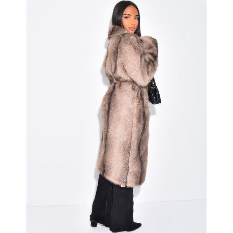 Long faux fur coat with belt