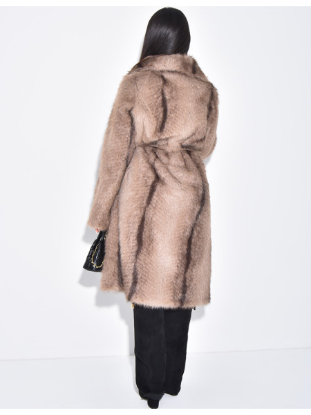 Long faux fur coat with belt