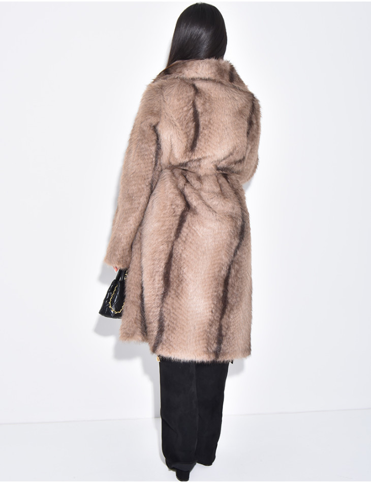 Long faux fur coat with belt