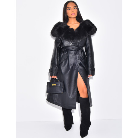 Manteau en similicuir grainé à fausse fourrure au col