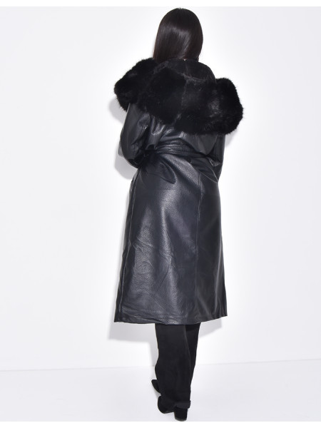 Manteau en similicuir grainé à fausse fourrure au col