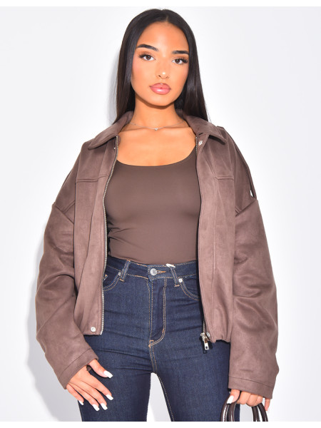 Oversize-Jacke aus kamelfarbenem Wildlederimitat