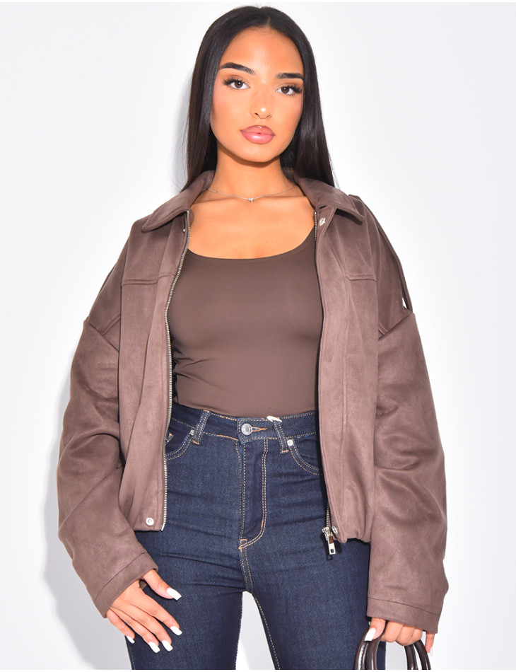 Oversize-Jacke aus kamelfarbenem Wildlederimitat