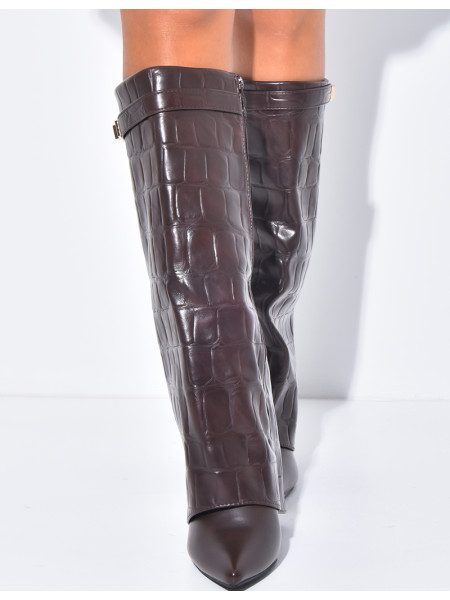 Faux leather boots with square heels and crocodile-effect cuffs