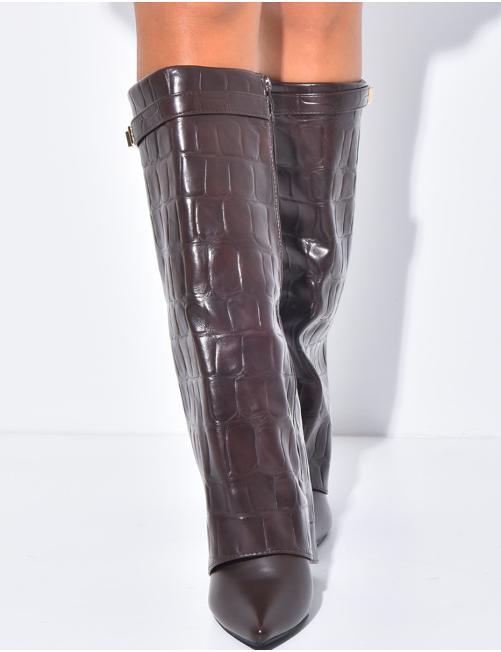 Faux leather boots with square heels and crocodile-effect cuffs