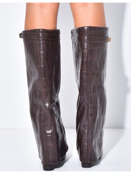 Faux leather boots with square heels and crocodile-effect cuffs
