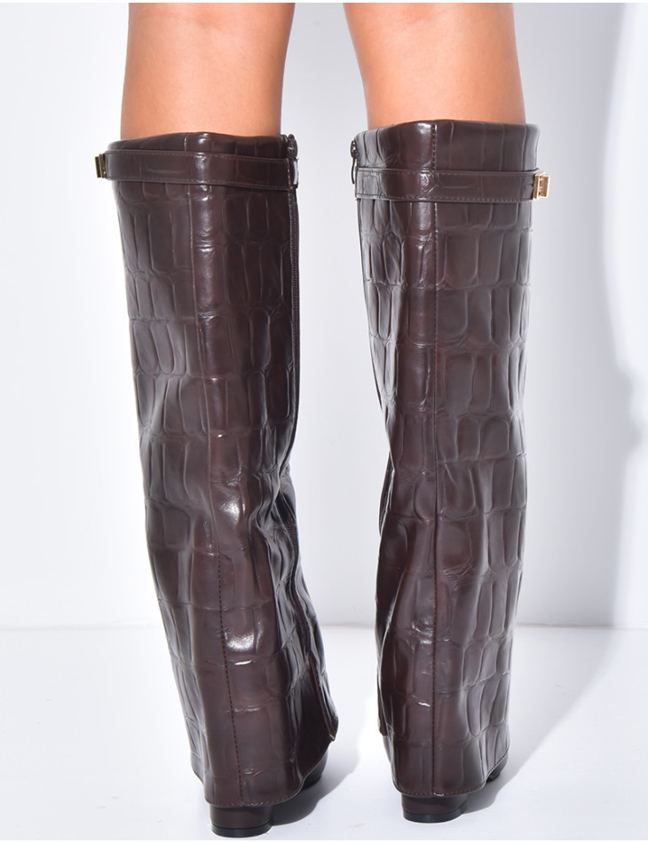 Faux leather boots with square heels and crocodile-effect cuffs