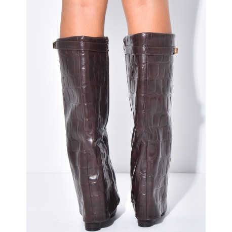 Faux leather boots with square heels and crocodile-effect cuffs
