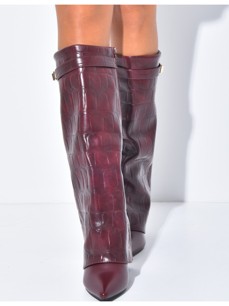 Faux leather boots with square heels and crocodile-effect cuffs