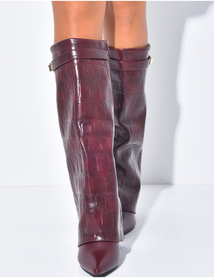 Faux leather boots with square heels and crocodile-effect cuffs