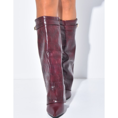 Faux leather boots with square heels and crocodile-effect cuffs