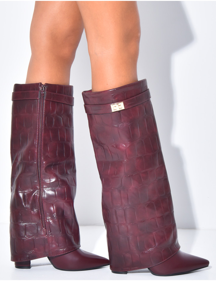 Bottes en similicuir à talons carré et rabat effet croco