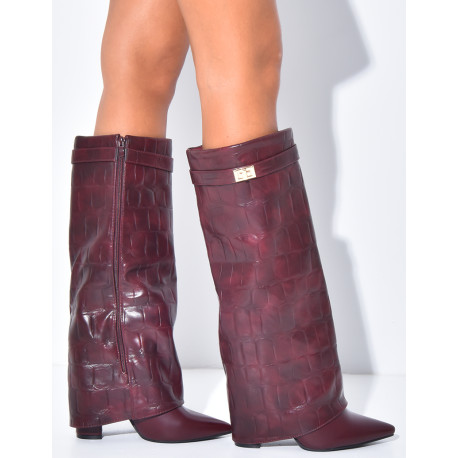 Bottes en similicuir à talons carré et rabat effet croco