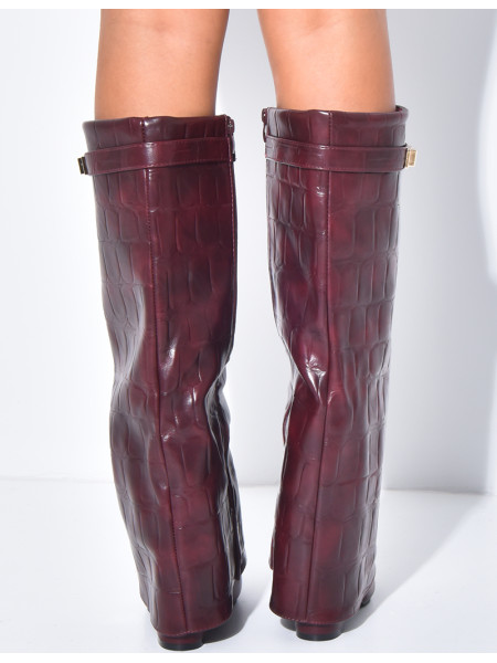 Faux leather boots with square heels and crocodile-effect cuffs