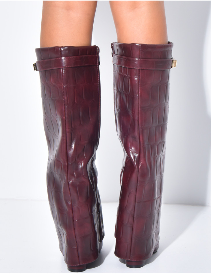 Faux leather boots with square heels and crocodile-effect cuffs