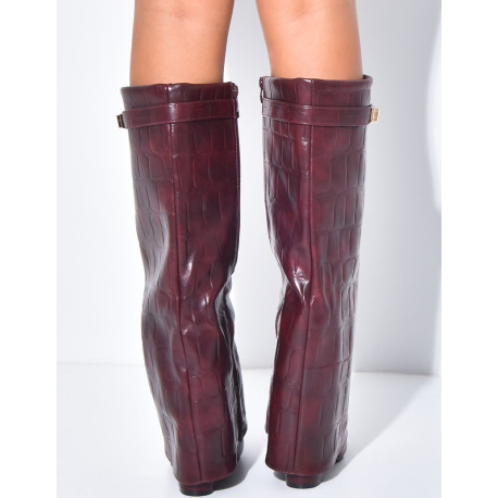 Faux leather boots with square heels and crocodile-effect cuffs