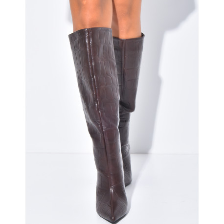 Bottes hautes bouts pointus effet croco en similicuir