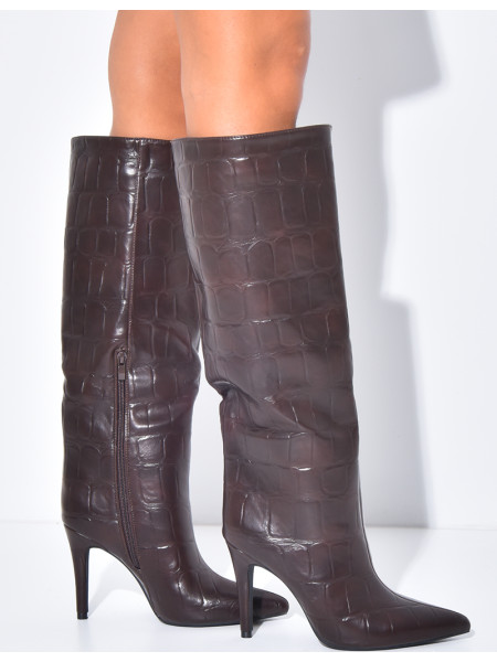 Bottes hautes bouts pointus effet croco en similicuir