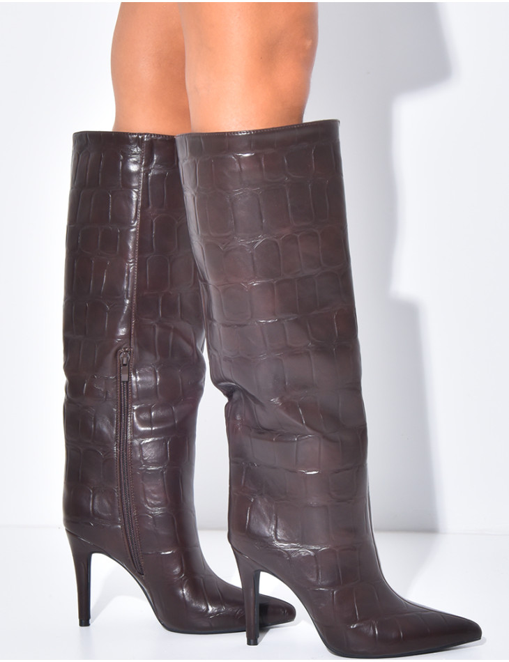 Bottes hautes bouts pointus effet croco en similicuir