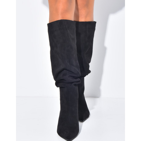 Bottes en suédine à enfiler effet bouffantes à petits talons