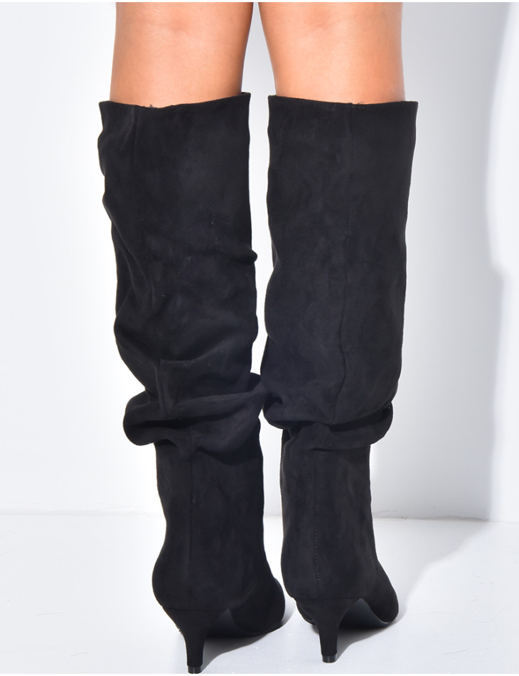Bottes en suédine à enfiler effet bouffantes à petits talons