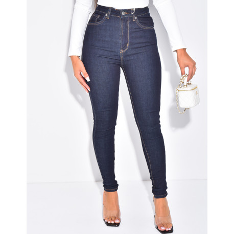 High-waisted stretchy raw blue skinny jeans