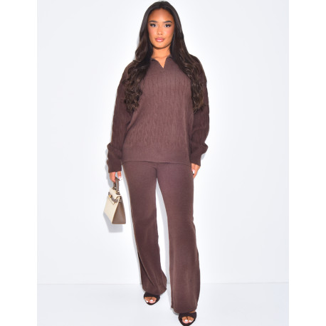 Wool straight-leg trousers and cable-knit polo shirt set