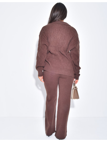 Wool straight-leg trousers and cable-knit polo shirt set