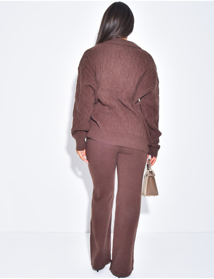Wool straight-leg trousers and cable-knit polo shirt set